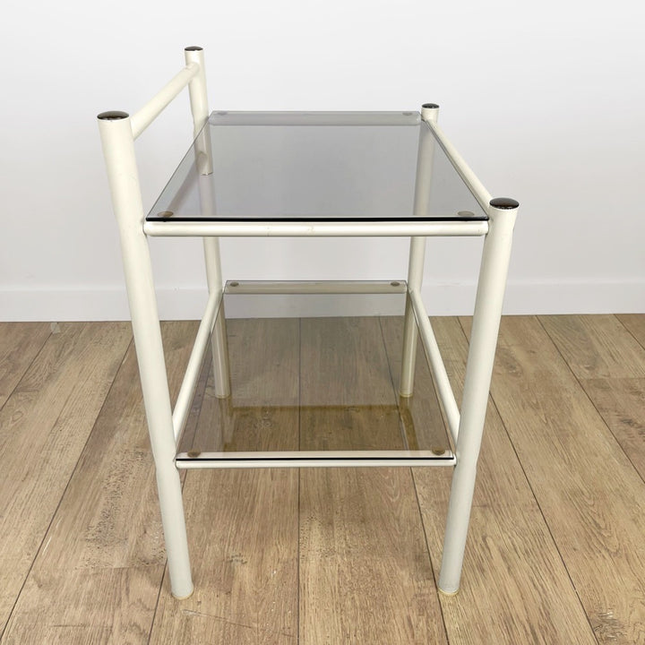 Paire de chevets métal et double plateau verre fumé années 80