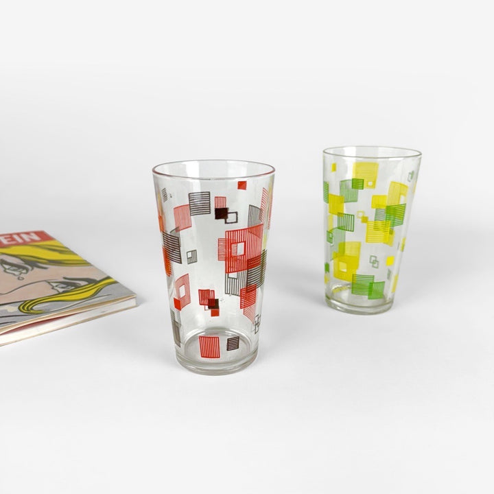 Duo de verres à limonade graphiques sérigraphiés années 50