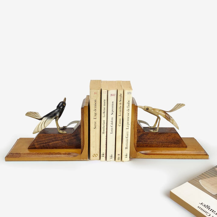 Serre-livres oiseaux en bois et corne