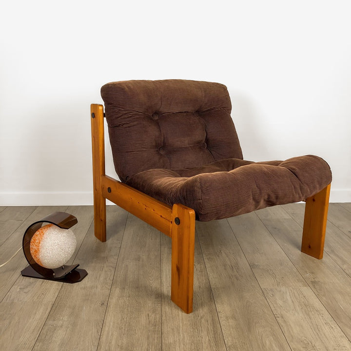 Fauteuil chauffeuse scandinave en pin années 70