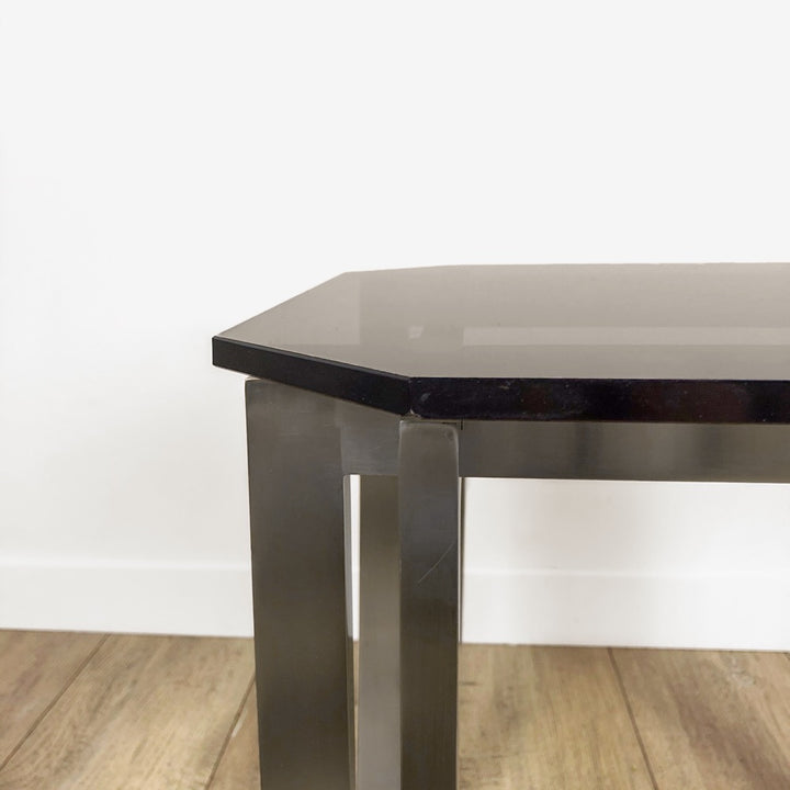 Table d'appoint design en acier inoxydable brossé et verre fumé années 70