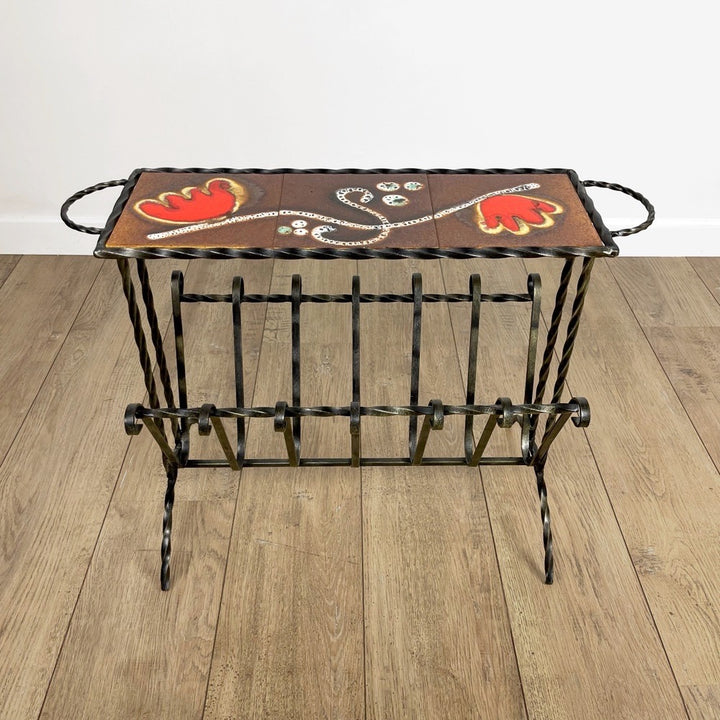 Porte-revue fer forgé et céramique Mid-century