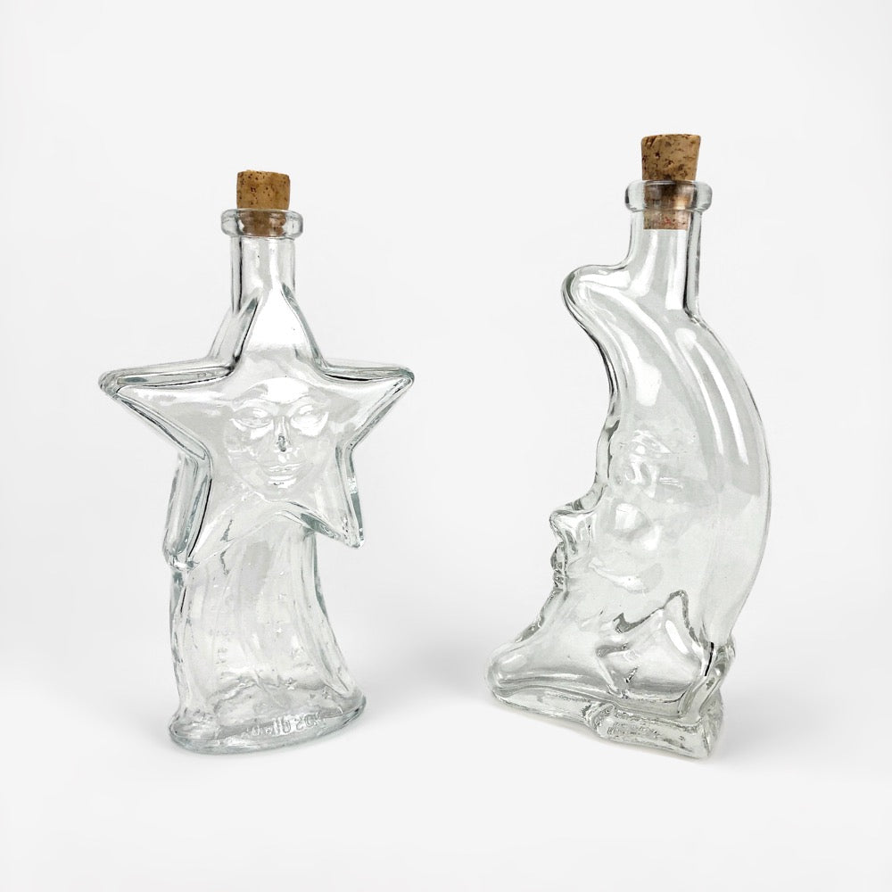 Duo de bouteilles vintage en verre lune et soleil