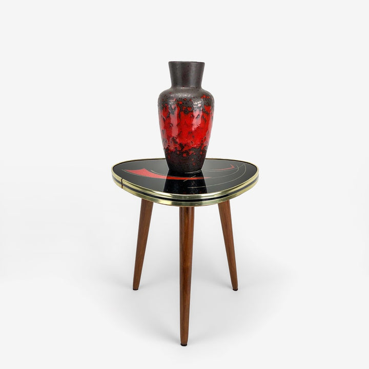 Guéridon tripode verre et bois motifs géométriques