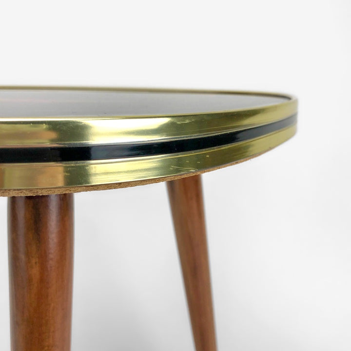 Guéridon tripode verre et bois motifs géométriques