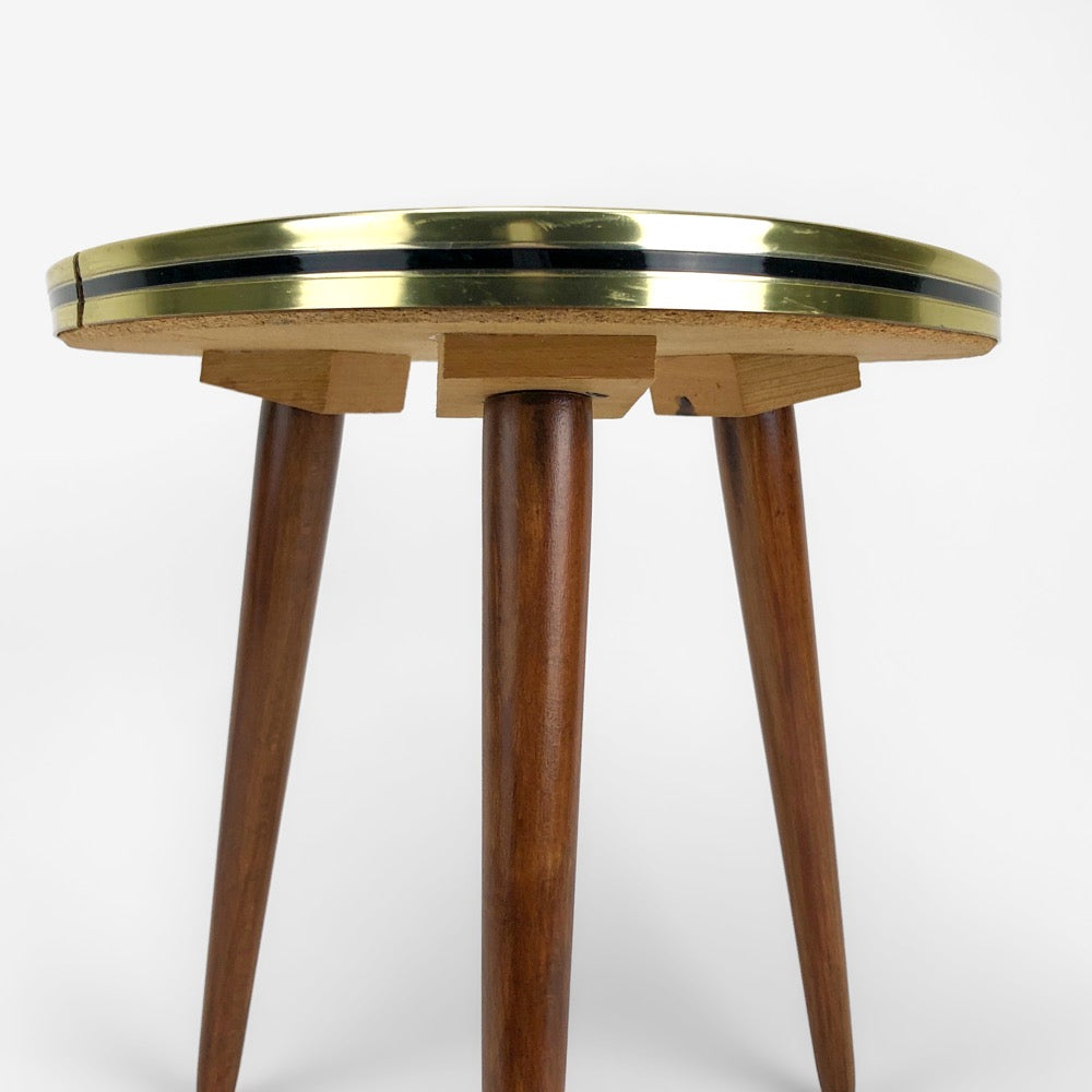 Guéridon tripode verre et bois motifs géométriques
