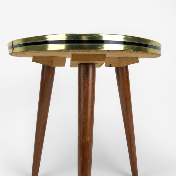 Guéridon tripode verre et bois motifs géométriques