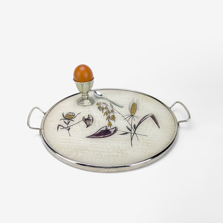 Plateau de service rond en verre et métal décor végétal 1950