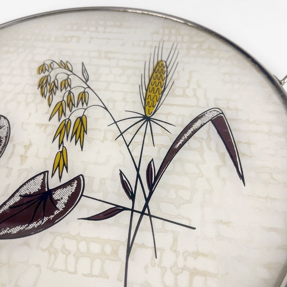 Plateau de service rond en verre et métal décor végétal 1950