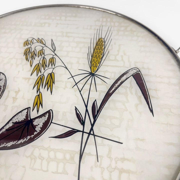 Plateau de service rond en verre et métal décor végétal 1950