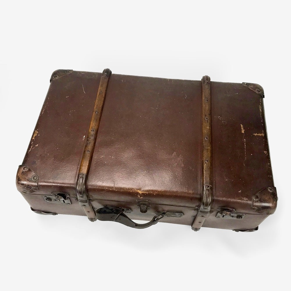 Grande valise ancienne cuir et bois