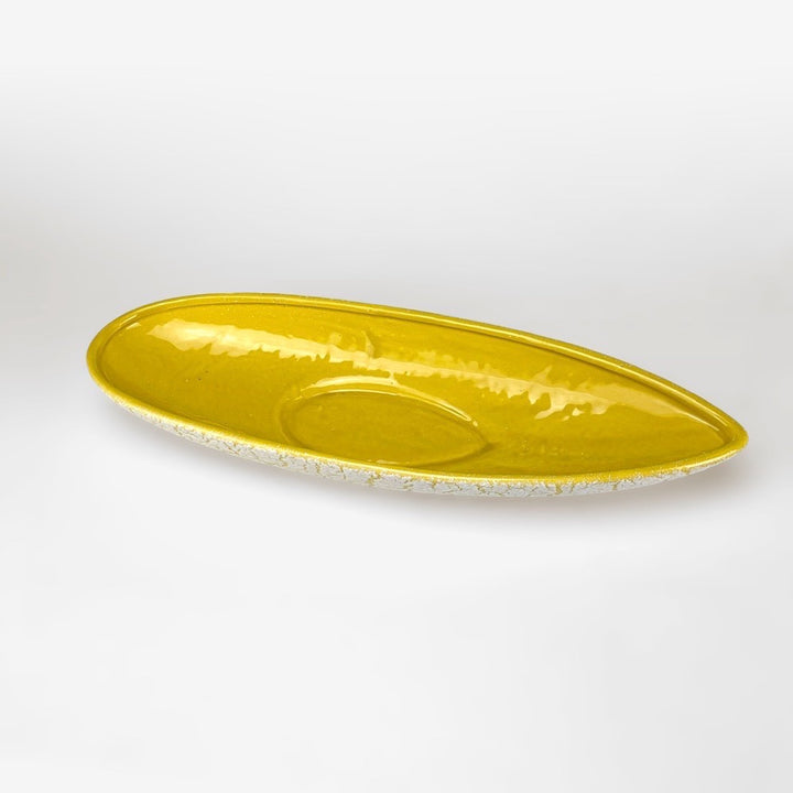 Coupe ovale céramique émaillée jaune et texture Mid-Century