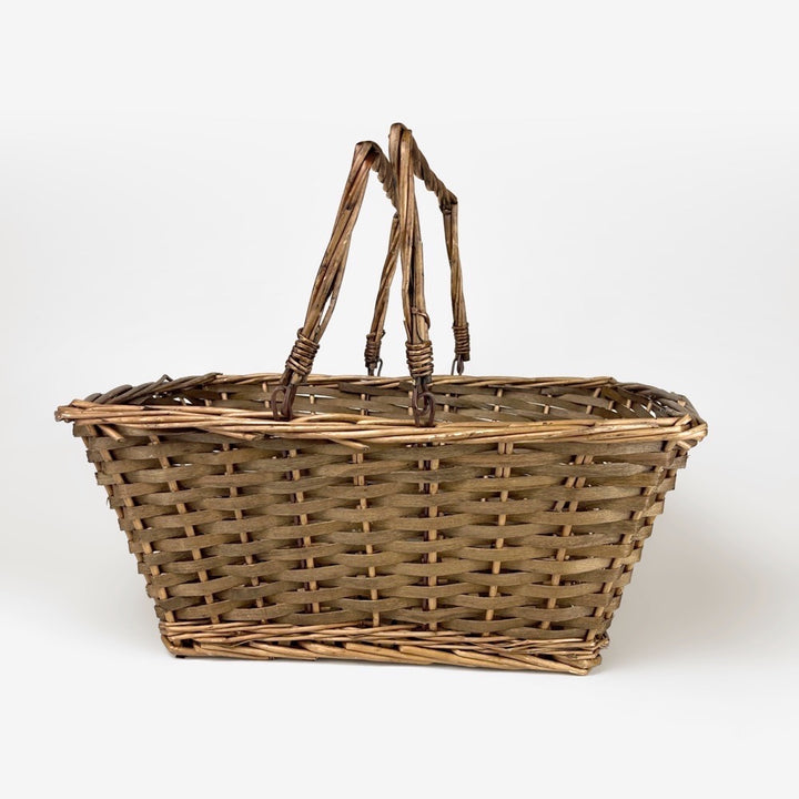 Panier ancien en éclisses de bois tissées et osier tressé