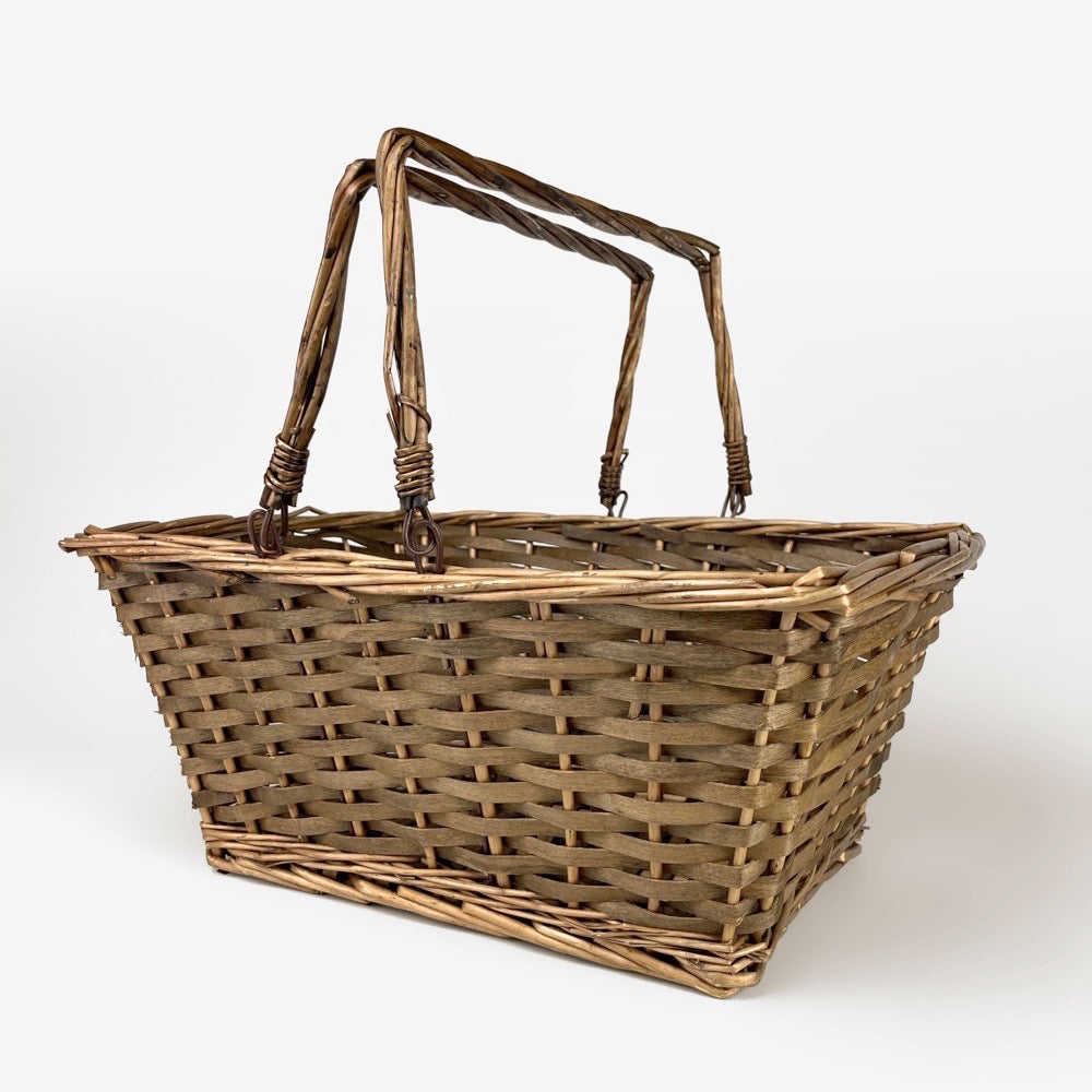 Panier ancien en éclisses de bois tissées et osier tressé