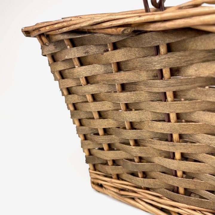 Panier ancien en éclisses de bois tissées et osier tressé