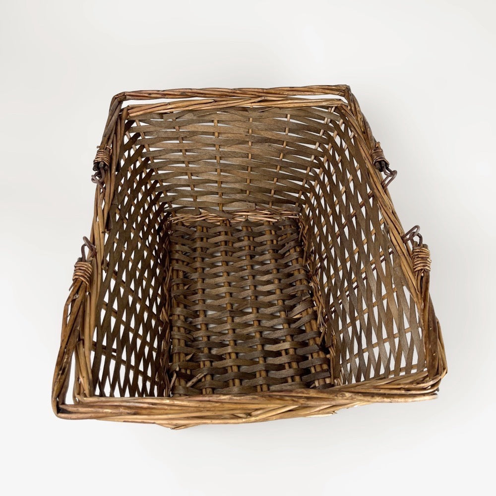 Panier ancien en éclisses de bois tissées et osier tressé