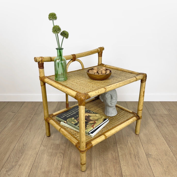 Table d'appoint vintage bambou et paille tressée