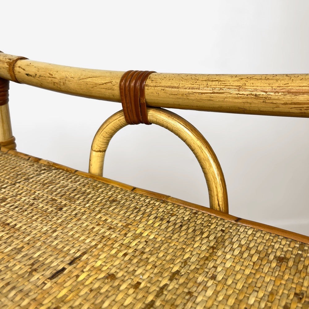 Table d'appoint vintage bambou et paille tressée