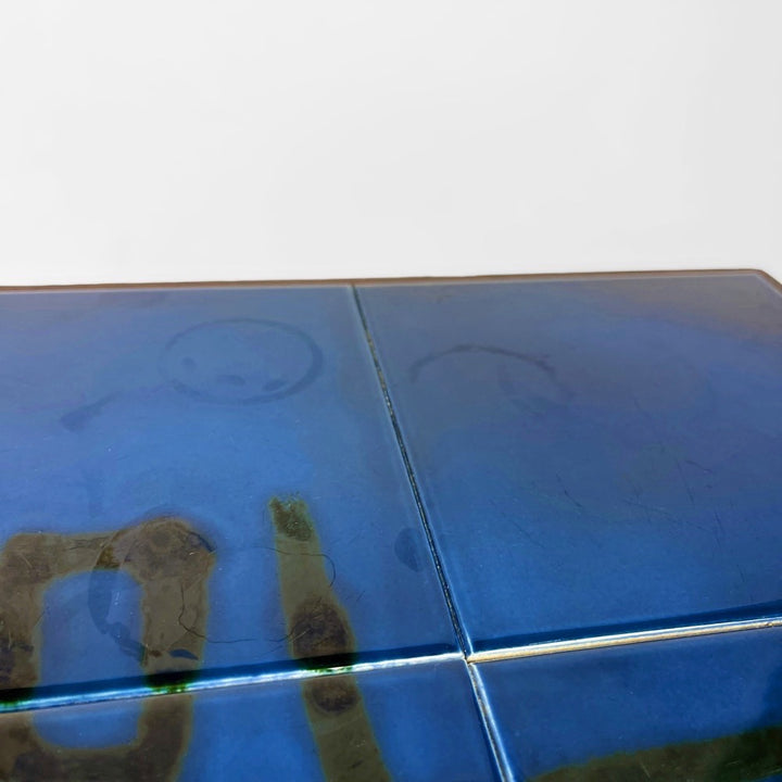 Grande table céramique bleue et chrome 70's
