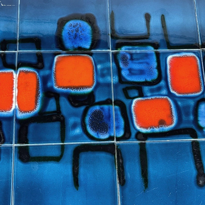 Grande table céramique bleue et chrome 70's