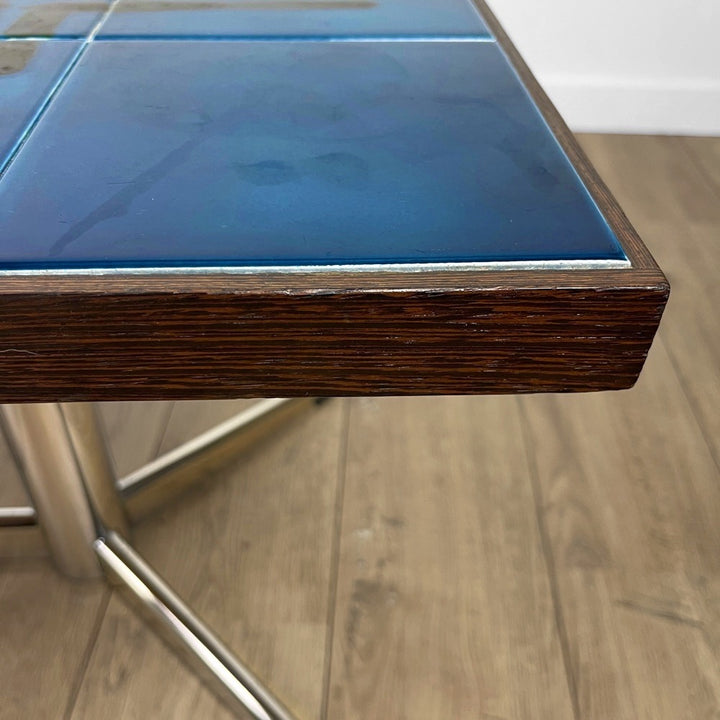 Grande table céramique bleue et chrome 70's