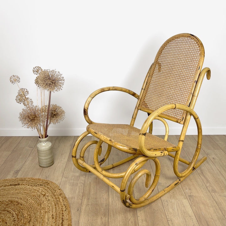 Rocking Chair rotin et cannage 70's