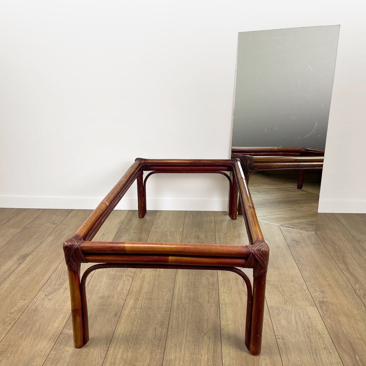 Table basse bambou et plateau miroir années 70