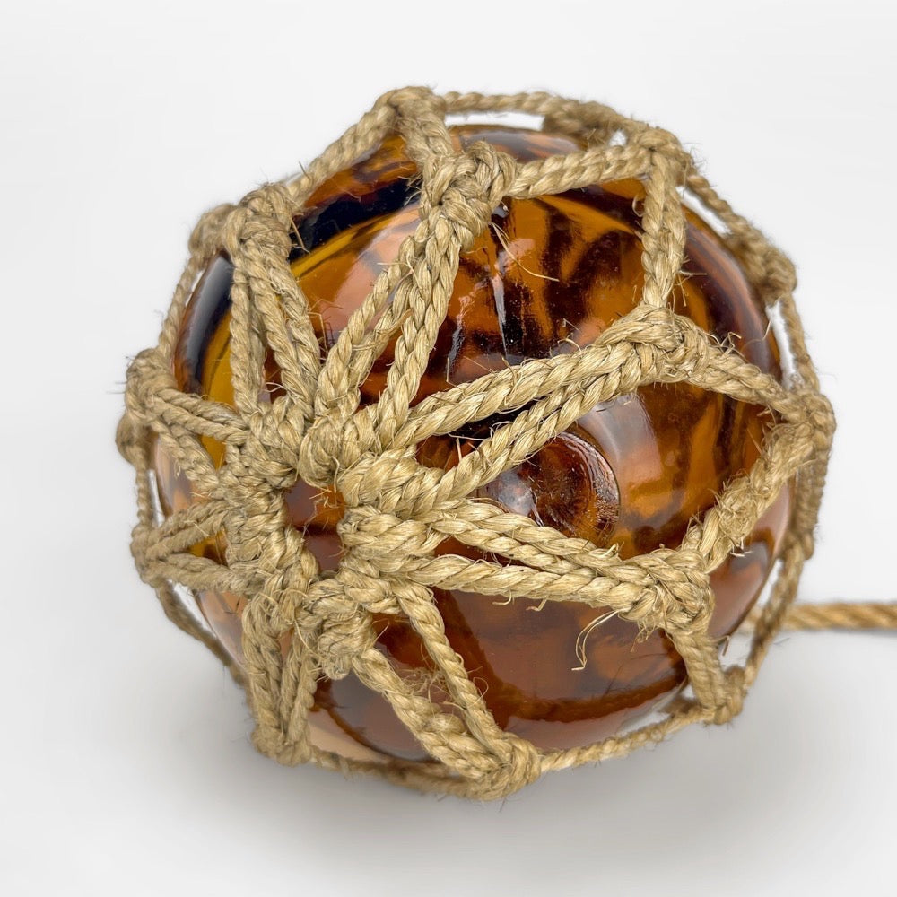 Ancienne boule de chalut verre ambré et corde