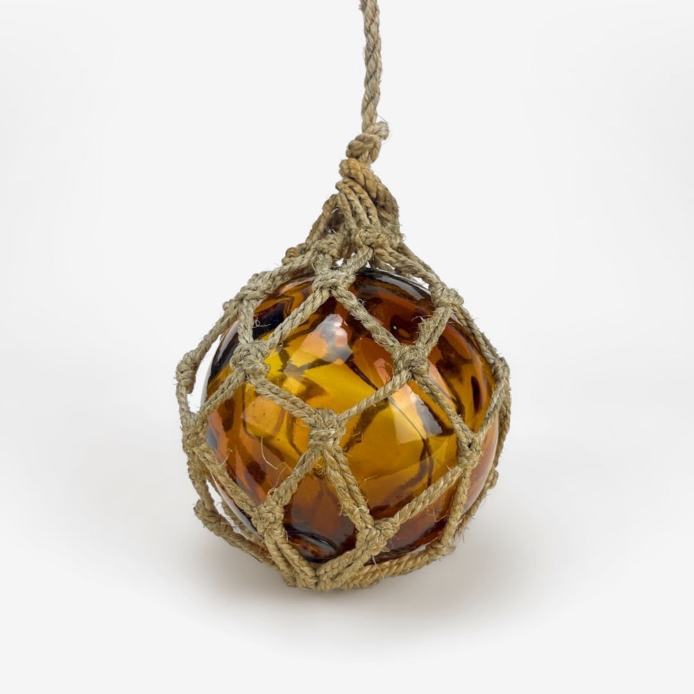 Ancienne boule de chalut verre ambré et corde