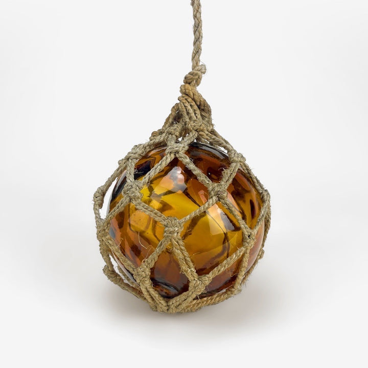 Ancienne boule de chalut verre ambré et corde