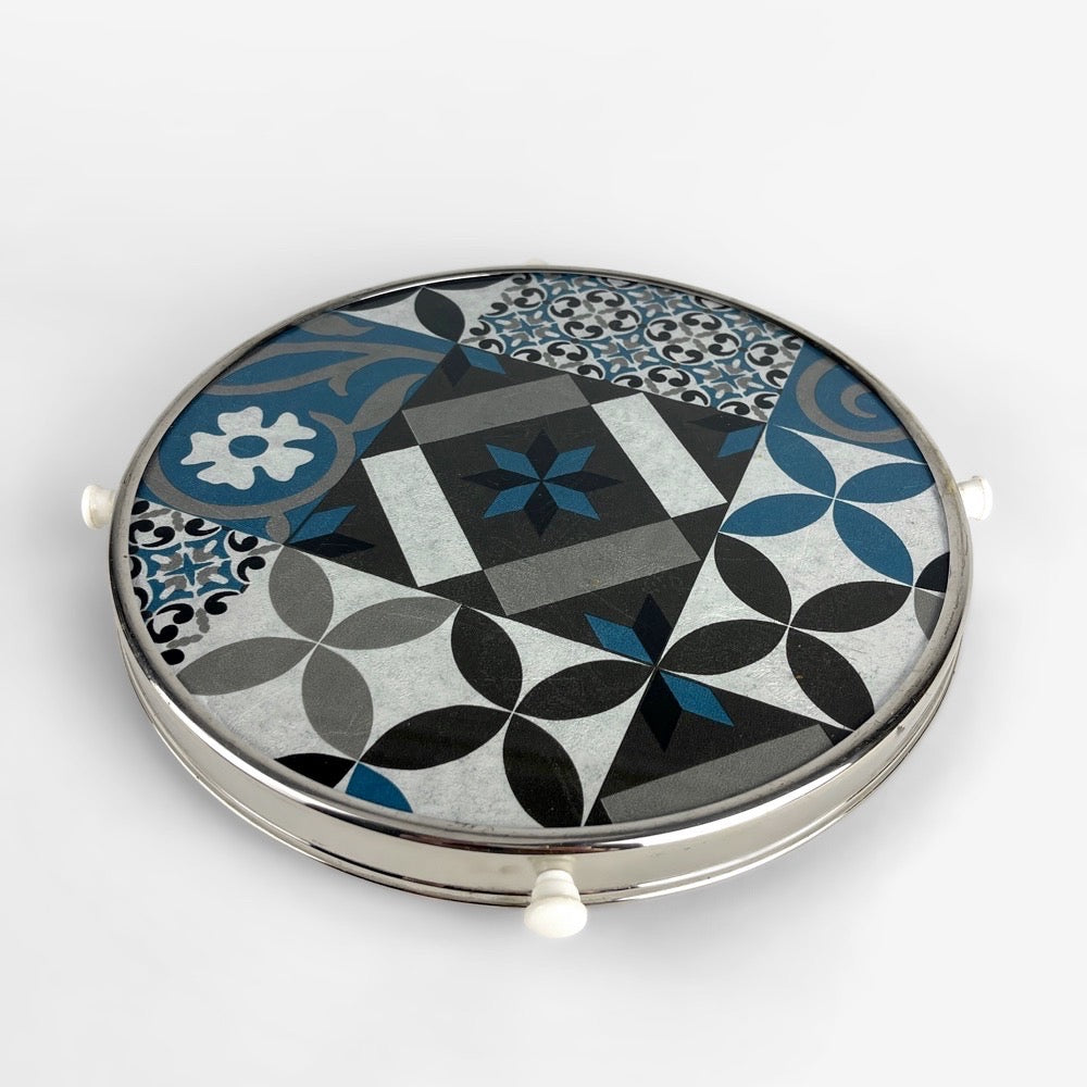 Plateau tournant verre et inox motif carreaux de ciment