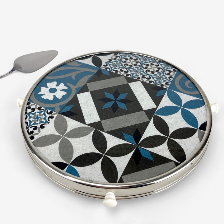 Plateau tournant verre et inox motif carreaux de ciment