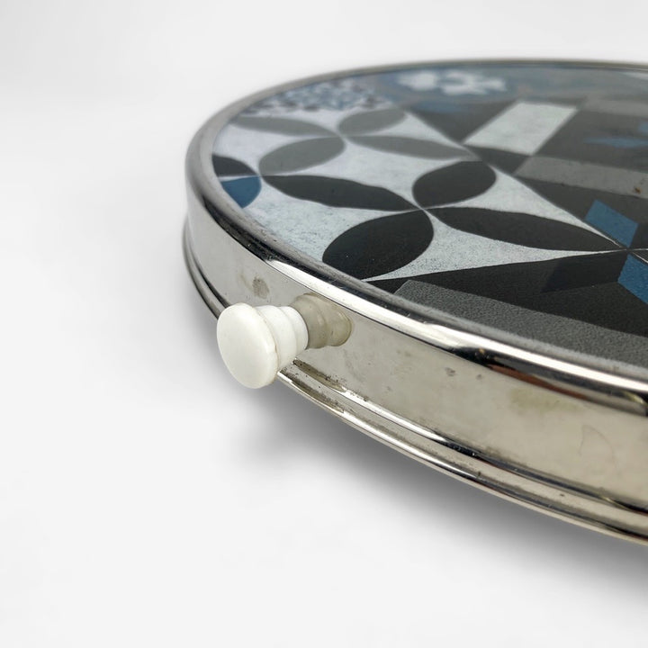 Plateau tournant verre et inox motif carreaux de ciment