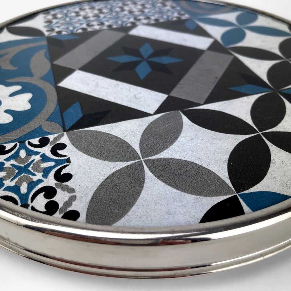 Plateau tournant verre et inox motif carreaux de ciment