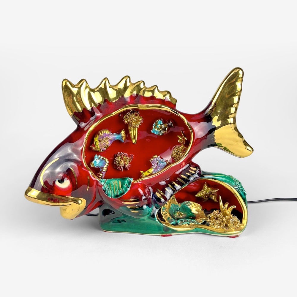 Lampe Poisson barbotine XXL Vallauris double ouverture