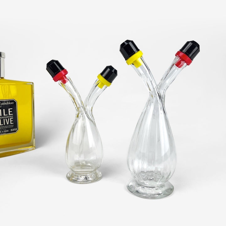 Duo de serviteurs huile et vinaigre en verre soufflé années 60