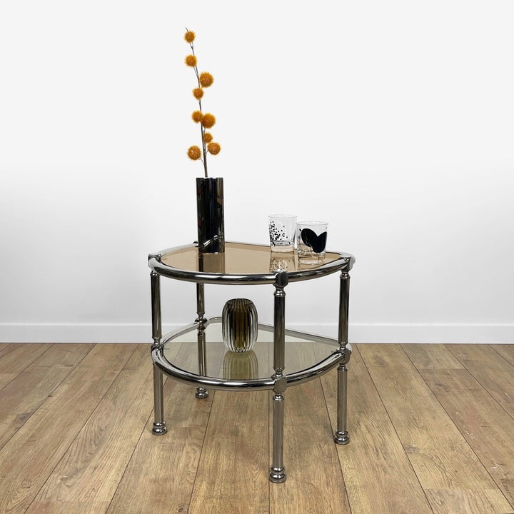 Table d'appoint demi-lune double plateau chrome et verre fumé 70's