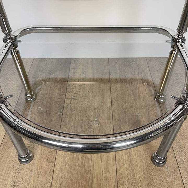 Table d'appoint demi-lune double plateau chrome et verre fumé 70's