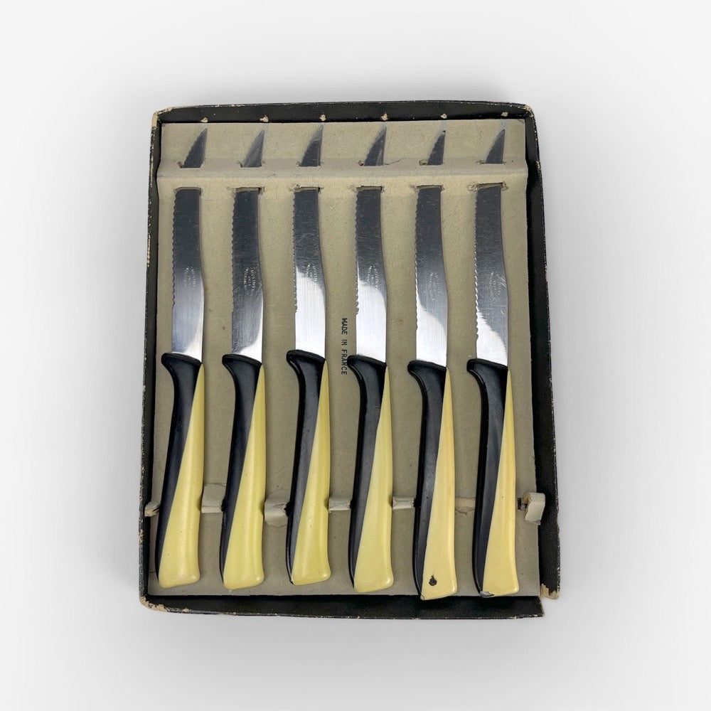 Couteaux Rovinyl inox bicolores noirs et jaunes années 50