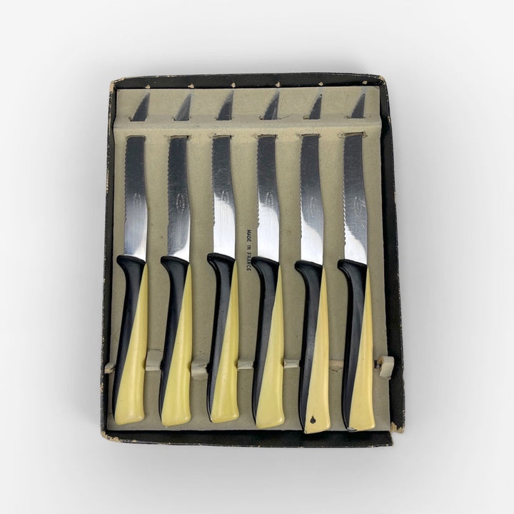 Couteaux Rovinyl inox bicolores noirs et jaunes années 50